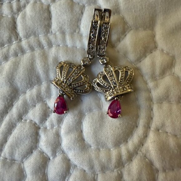 925 Sterling Silver Pink CZ Crown Dangle Hoop Earrings - Picture 2 of 3